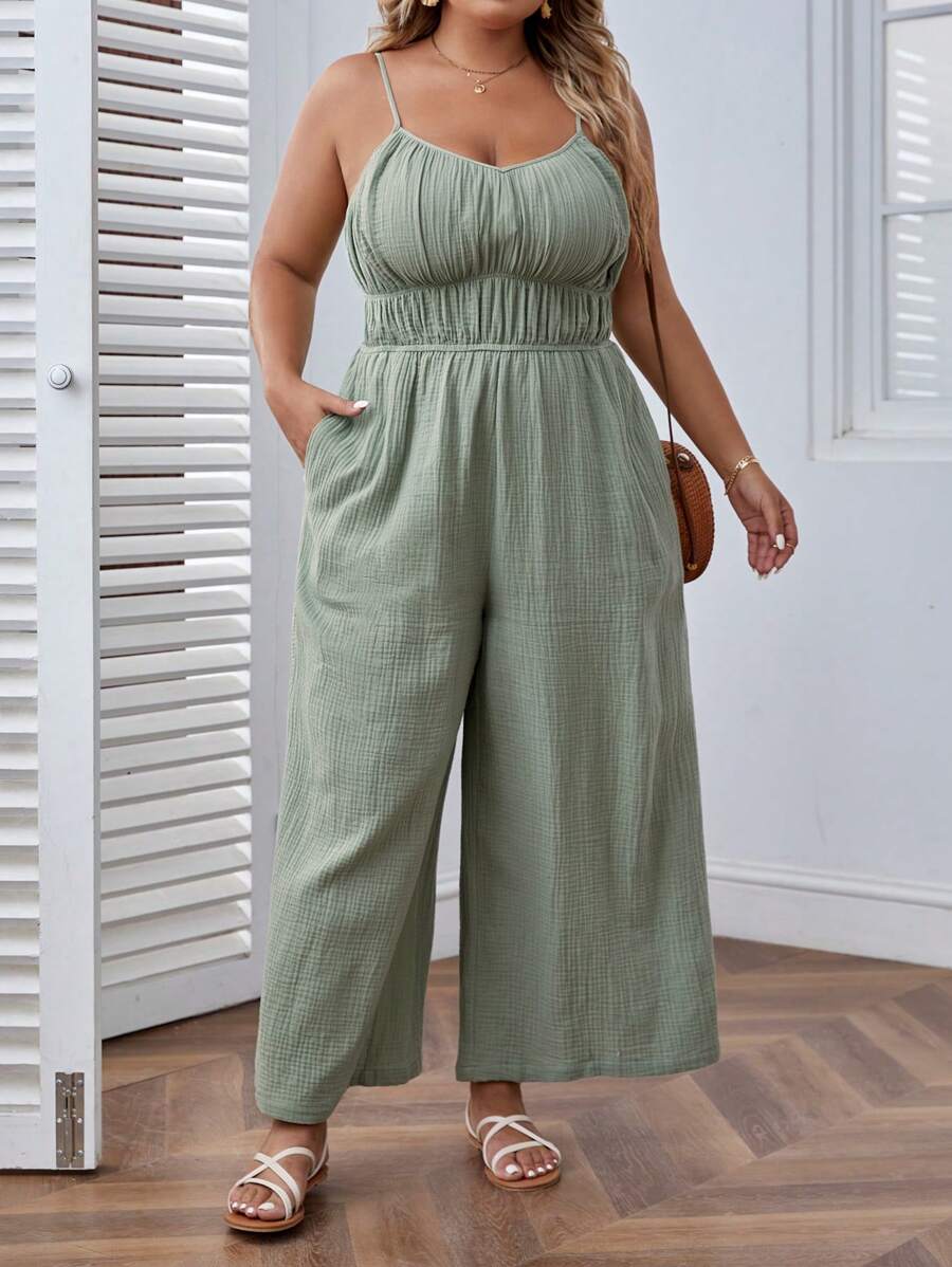 SHEIN VCAY Plus Ruched Bust Cami Jumpsuit - Mint Green - View 1