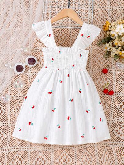 SHEIN Vintaside Kids Young Girl Cherry Print Ruffle Trim Dress
