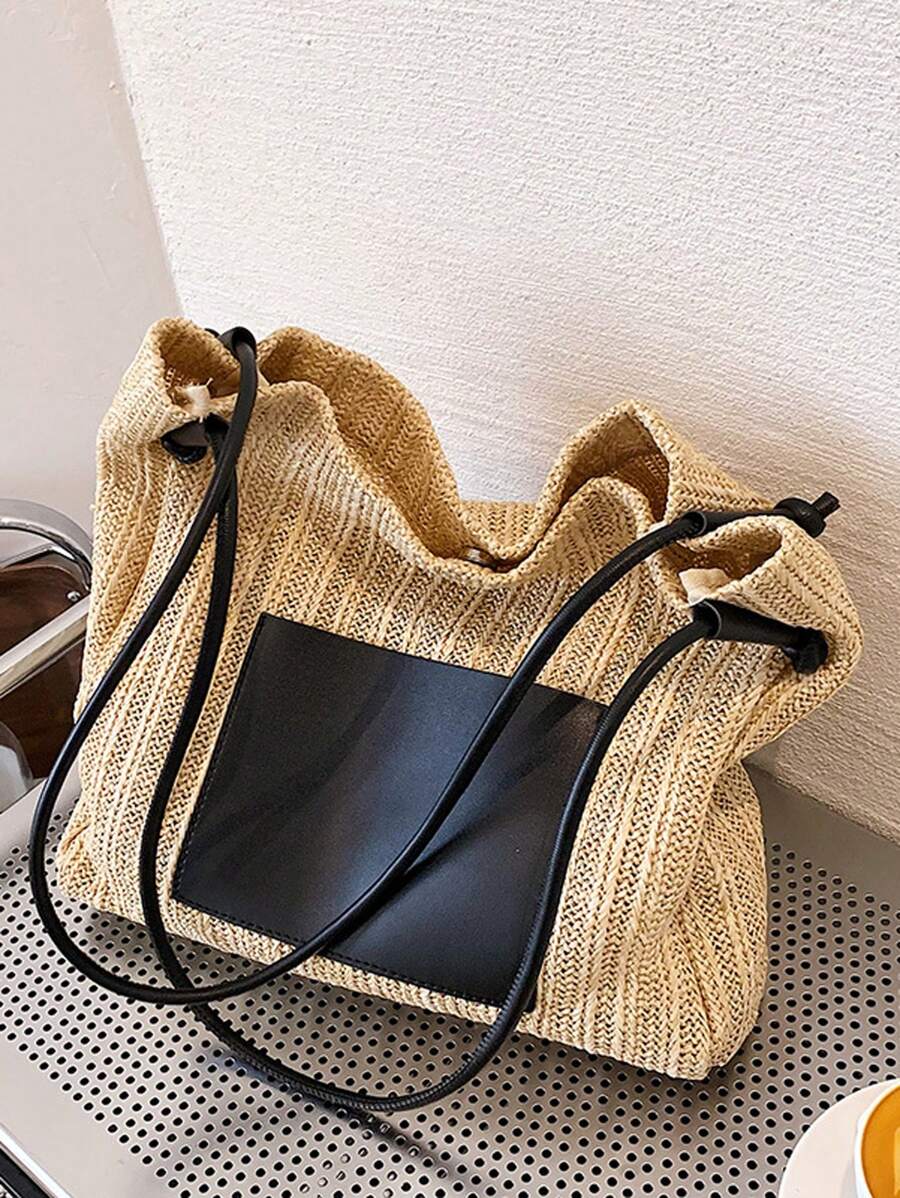 復古通勤風格時尚且多功能的編織手提包,附有大容量和小袋子,字母印花肩背手提兩用包,大容量沙灘包,非常適合夏季海灘旅行假期 - 黑色 - 查看 1