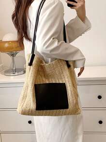 復古通勤風格時尚且多功能的編織手提包,附有大容量和小袋子,字母印花肩背手提兩用包,大容量沙灘包,非常適合夏季海灘旅行假期 - 黑色 - 查看 2