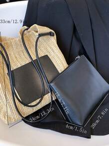 復古通勤風格時尚且多功能的編織手提包,附有大容量和小袋子,字母印花肩背手提兩用包,大容量沙灘包,非常適合夏季海灘旅行假期 - 黑色 - 查看 3