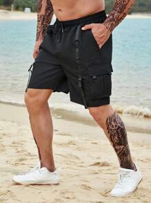 Manfinity Men Plus Buckle Tape Flap Pocket Drawstring Waist Cargo Shorts - Black - View 6
