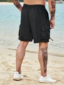 Manfinity Men Plus Buckle Tape Flap Pocket Drawstring Waist Cargo Shorts - Black - View 2