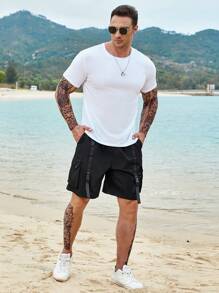 Manfinity Men Plus Buckle Tape Flap Pocket Drawstring Waist Cargo Shorts - Black - View 7