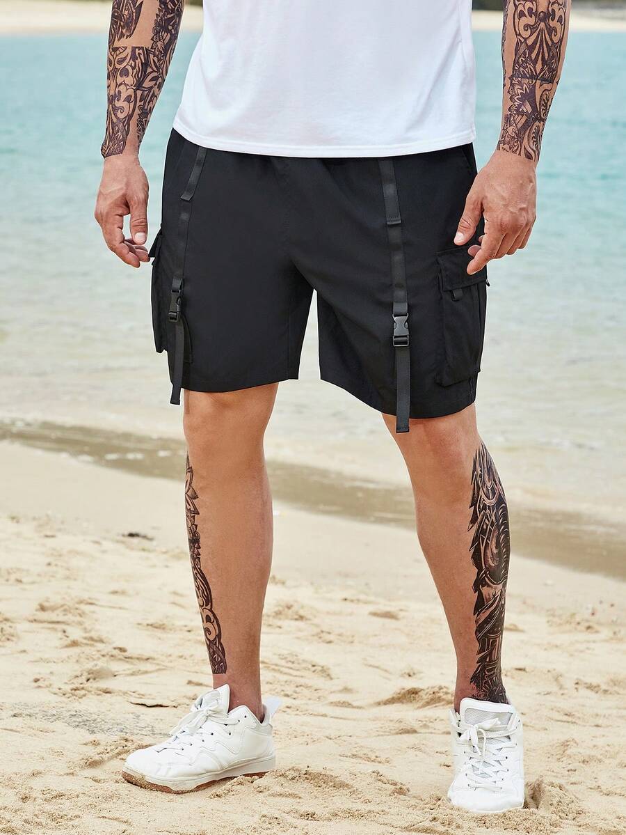 Manfinity Men Plus Buckle Tape Flap Pocket Drawstring Waist Cargo Shorts - Black - View 1