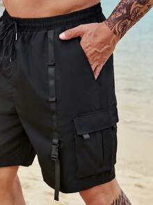 Manfinity Men Plus Buckle Tape Flap Pocket Drawstring Waist Cargo Shorts - Black - View 4