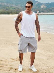 Manfinity Homme Men Plus Flap Pocket Drawstring Waist Cargo Shorts Nylon Plain Light Grey Size - Grey - View 4