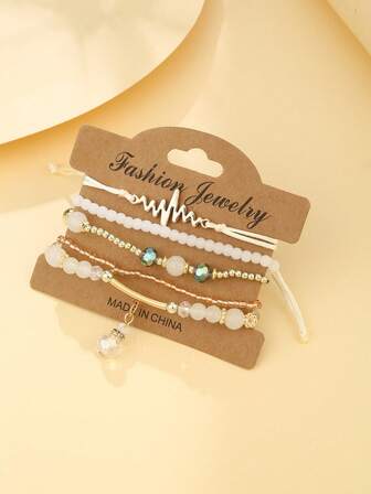 5 st/set Bohemian Heartbeat Dekor Beige pärlarmband för kvinnor för sommarsemester Resor Beach Party