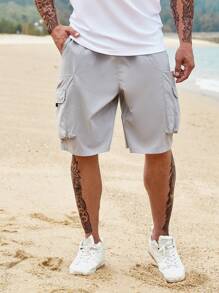 Manfinity Homme Men Plus Flap Pocket Drawstring Waist Cargo Shorts Nylon Plain Light Grey Size - Grey - View 6