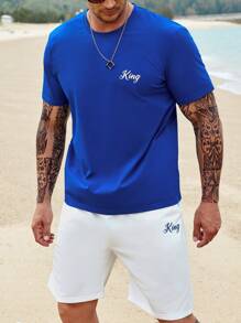 Manfinity Homme Men Plus Letter Graphic Drop Shoulder Tee & Shorts - Blue and White - View 5