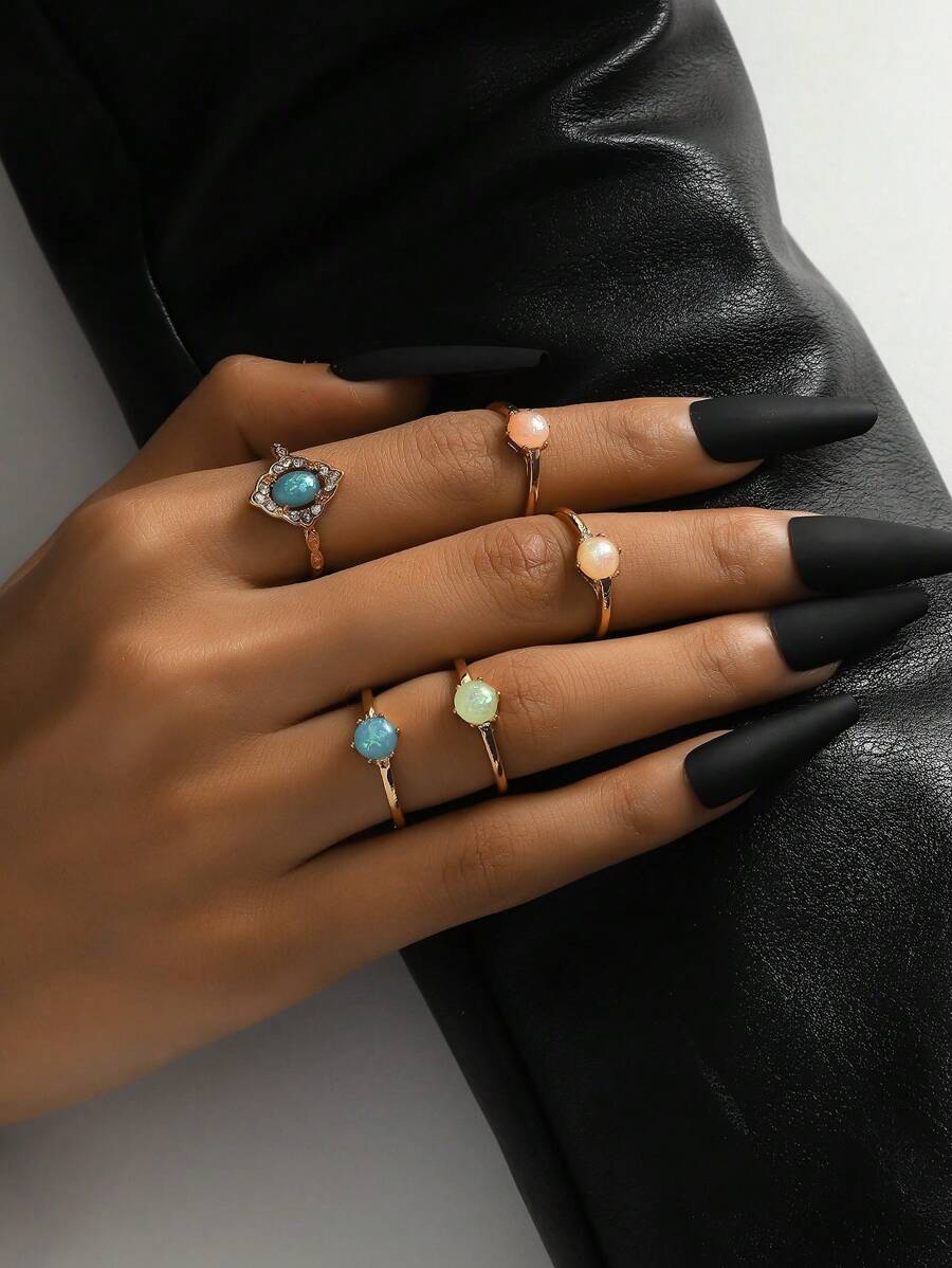 6 Cái/bộ Hợp Kim Kẽm Thời Trang Đá & Nhẫn Trang Trí Hình Tròn Cho Nữ Trang Trí Hàng Ngày - Nhiều màu - Xem 1