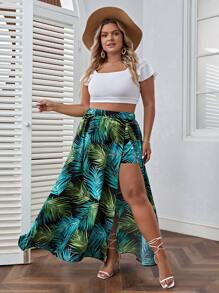 SHEIN VCAY 大碼熱帶圖案高衩半身裙 - 彩色 - 查看 2