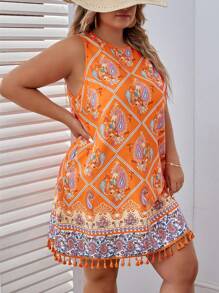 SHEIN VCAY Plus Paisley Print Tassel Trim Tank Dress - Multicolor - View 1