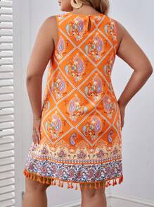SHEIN VCAY Plus Paisley Print Tassel Trim Tank Dress - Multicolor - View 2