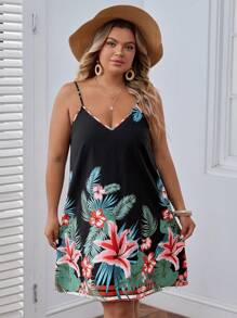 SHEIN VCAY 大碼熱帶圖案吊帶連衣裙 - 彩色 - 查看 2