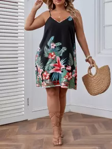 SHEIN VCAY 大碼熱帶圖案吊帶連衣裙 - 彩色 - 查看 5