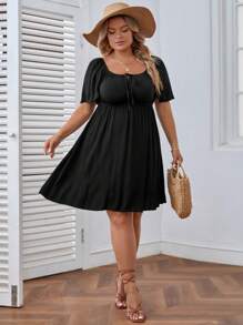 SHEIN VCAY Đầm Plus Size Xù Thắt nơ trước màu trơn Giải trí - màu đen - Xem 4