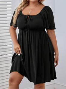 SHEIN VCAY Đầm Plus Size Xù Thắt nơ trước màu trơn Giải trí - màu đen - Xem 5