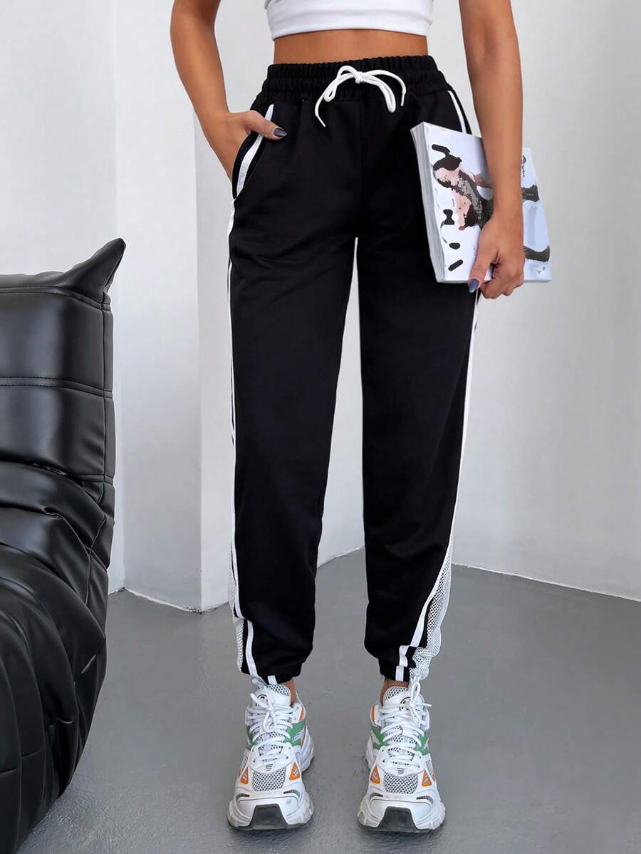 EURMUSE Contrast Tape Drawstring Waist Slant Pocket Joggers - Black - View 1