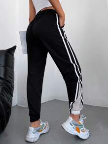 EURMUSE Contrast Tape Drawstring Waist Slant Pocket Joggers - Black - View 2
