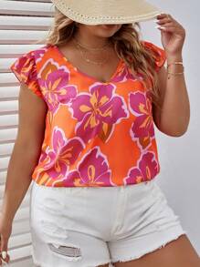 SHEIN VCAY 大碼印花荷葉邊襯衫 - 彩色 - 查看 1