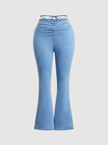 SHEIN ICON Quần Denim kích thước lớn Xù Buộc lại Dây kéo màu trơn - Rửa nhẹ - Xem 1