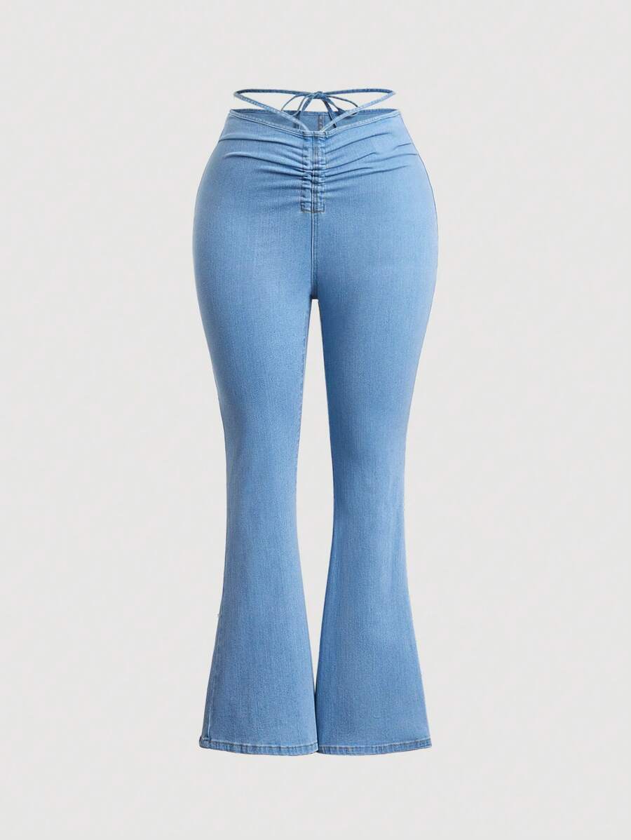 SHEIN ICON Quần Denim kích thước lớn Xù Buộc lại Dây kéo màu trơn - Rửa nhẹ - Xem 1