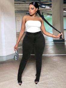 SHEIN SXY Plus Split Hem Ruched Skinny Jeans - Black - View 3