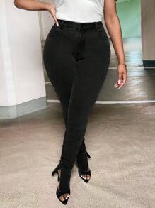 SHEIN SXY Plus Split Hem Ruched Skinny Jeans - Black - View 4