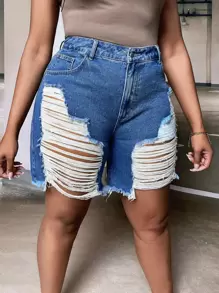 SHEIN SXY Shorts mezclilla desgarro bajo crudo - Azul lavado medio - Ver 1