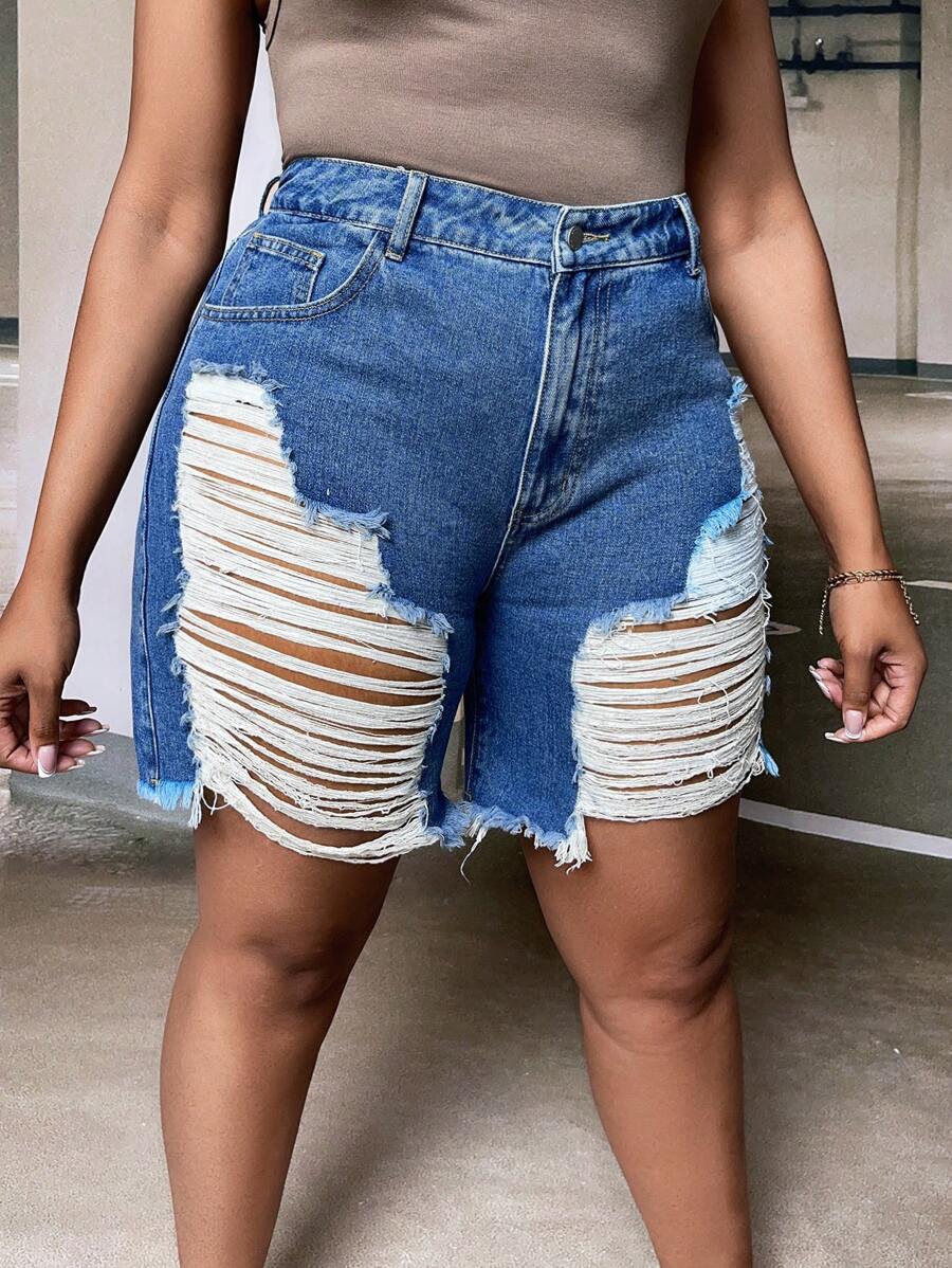 SHEIN SXY Shorts mezclilla desgarro bajo crudo - Azul lavado medio - Ver 1
