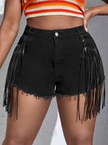 SHEIN SXY 大碼流蘇邊牛仔短褲 - 黑色 - 查看 1