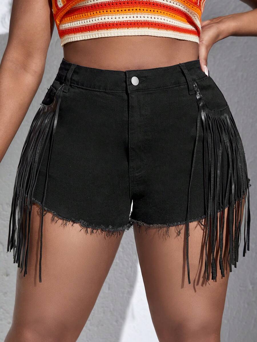 SHEIN SXY 大碼流蘇邊牛仔短褲 - 黑色 - 查看 1