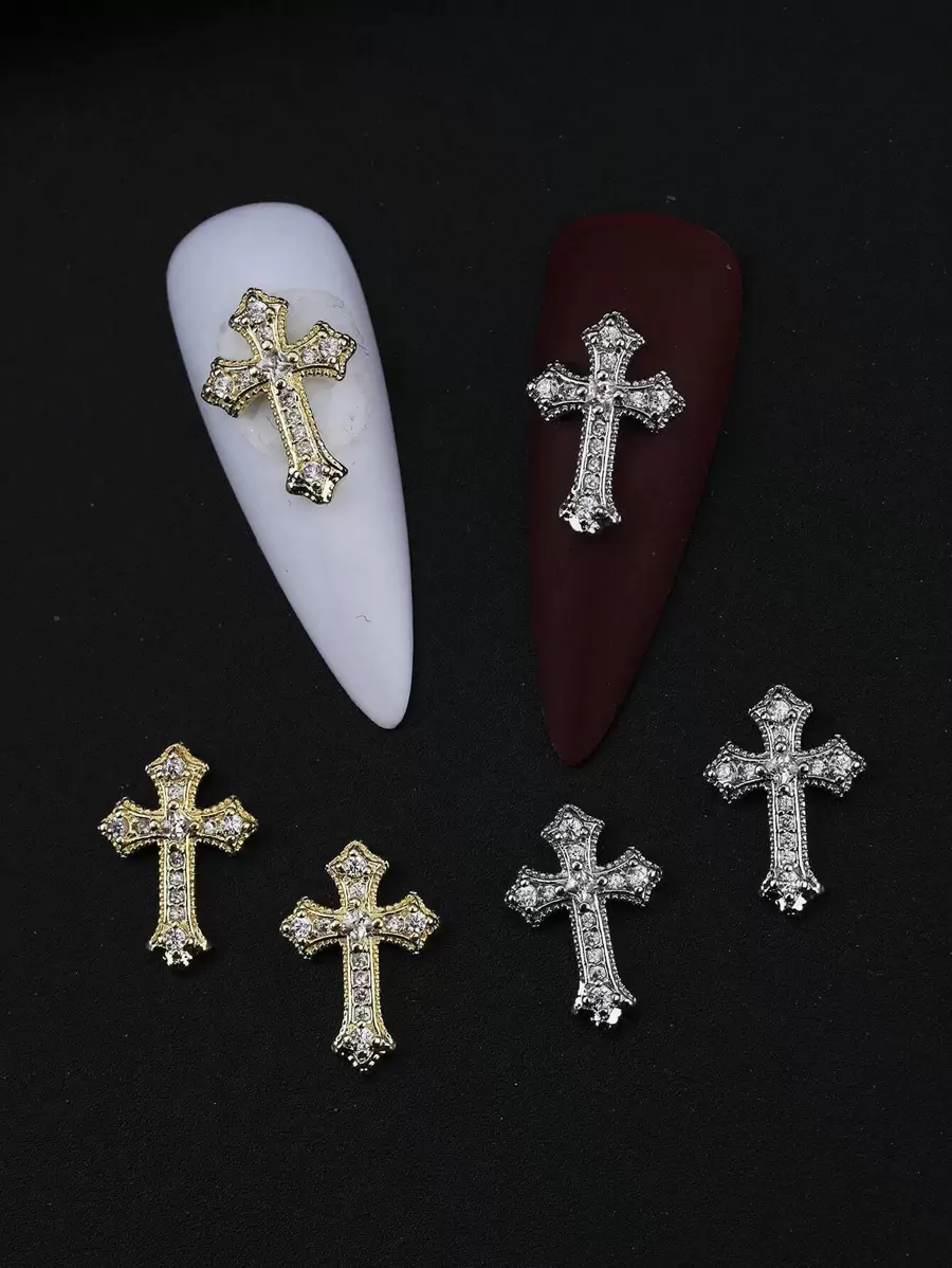 万圣节8件金铜色水钻立体美甲装饰方晶锆石十字架轻奢美甲贴片朋克十字架美甲钻，欧美风格立体美甲闪钻，复古简约万物Y2K金属十字架，哥特风格DIY美甲造型装饰，美甲水钻假指甲装饰配件美甲饰美甲用品美甲宝石 - 金色 - 查看 1