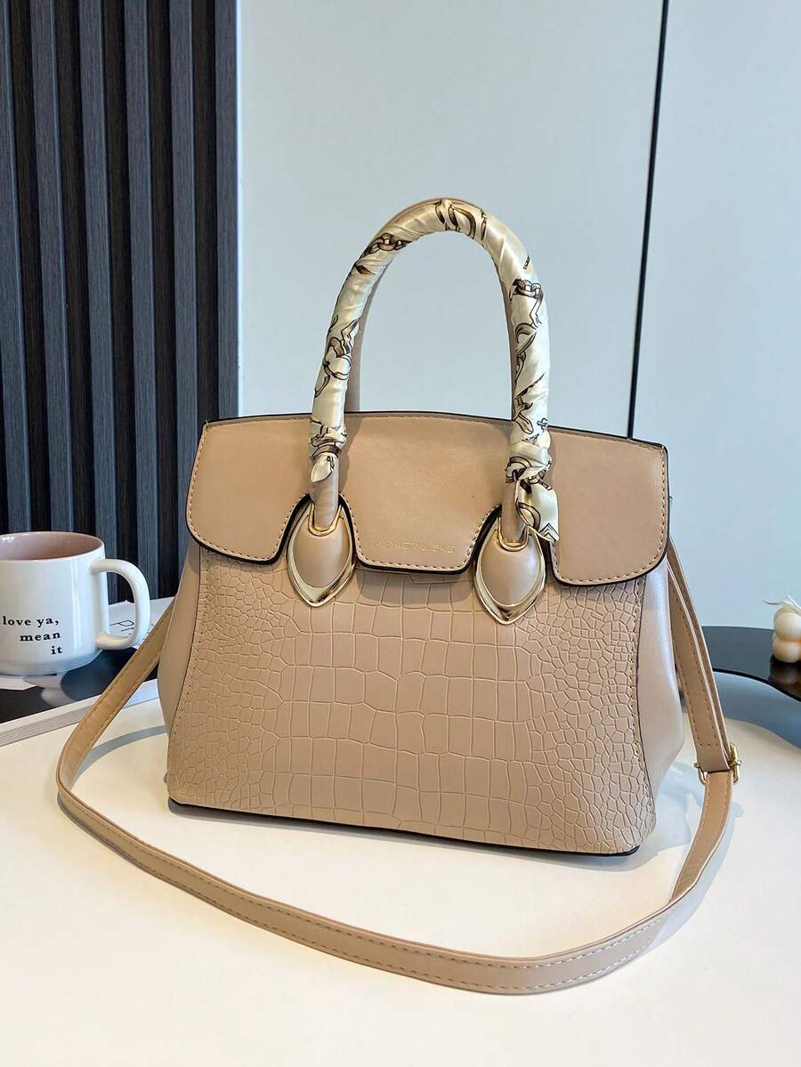 Túi Vuông Dập Nổi Cá Sấu Khăn Trang Trí PU - Màu Khaki - Xem 1