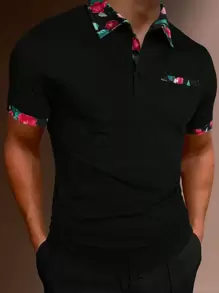 Manfinity Homme Áo thun có cổ Nam Nút Hoa Giải trí - màu đen - Xem 1