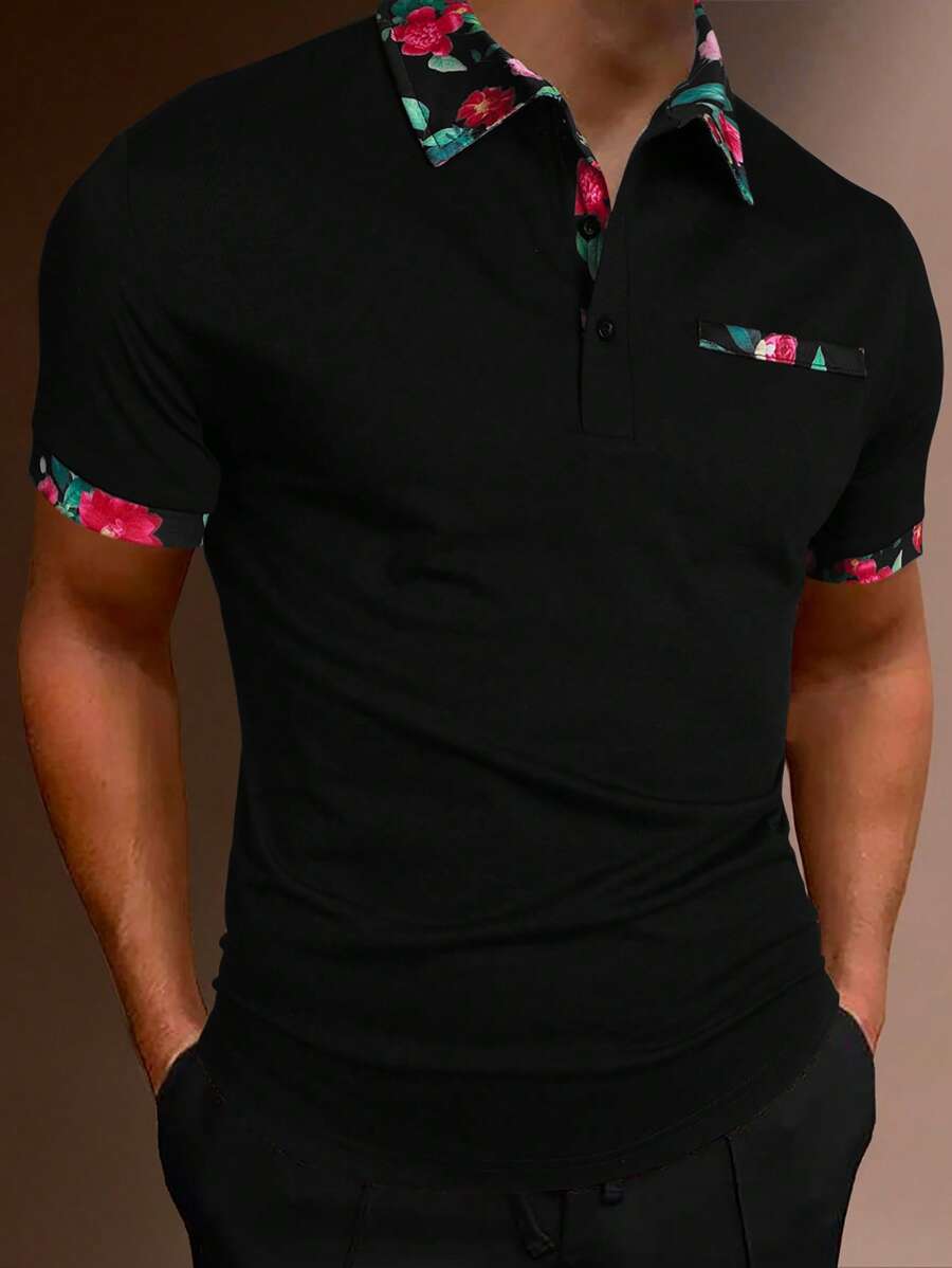 Manfinity Homme Áo thun có cổ Nam Nút Hoa Giải trí - màu đen - Xem 1