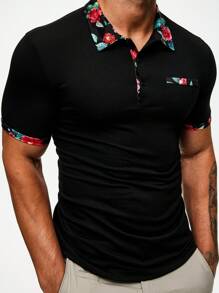 Manfinity Homme Áo thun có cổ Nam Nút Hoa Giải trí - màu đen - Xem 3