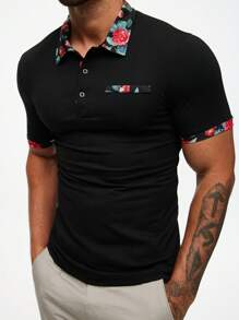 Manfinity Homme Áo thun có cổ Nam Nút Hoa Giải trí - màu đen - Xem 4