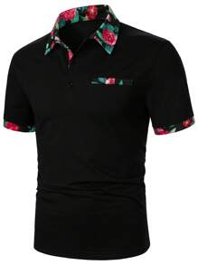 Manfinity Homme Áo thun có cổ Nam Nút Hoa Giải trí - màu đen - Xem 5