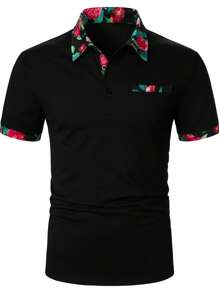 Manfinity Homme Áo thun có cổ Nam Nút Hoa Giải trí - màu đen - Xem 6