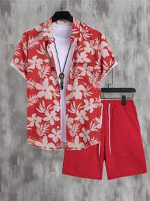 Manfinity RSRT Men Floral Print Shirt & Drawstring Waist Shorts Without Tee - Burgundy - View 3