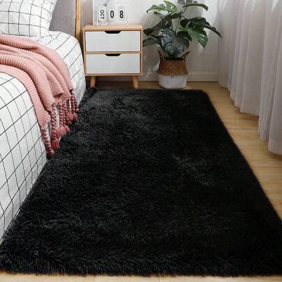 1 pièce Tapis duveteux de couleur unie noir, tapis de sol antidérapant en polyester moderne pour enfants, pour décoration de salon, chambre
