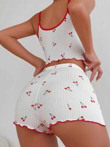 Cherry Print Lettuce Trim Cami Top & Shorts PJ Set / Pajama Set White Set