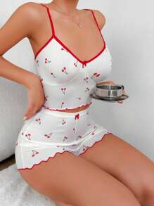 Cherry Print Lettuce Trim Cami Top & Shorts PJ Set / Pajama Set White Set