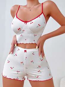 Cherry Print Lettuce Trim Cami Top & Shorts PJ Set / Pajama Set White Set