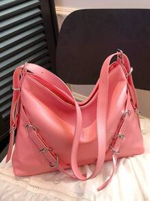 Minimalist Hobo Bag Large Capacity Neon Pink - Pink - View 1