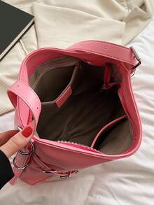Minimalist Hobo Bag Large Capacity Neon Pink - Pink - View 4