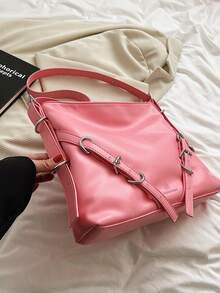Minimalist Hobo Bag Large Capacity Neon Pink - Pink - View 5