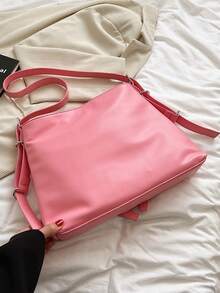 Minimalist Hobo Bag Large Capacity Neon Pink - Pink - View 6